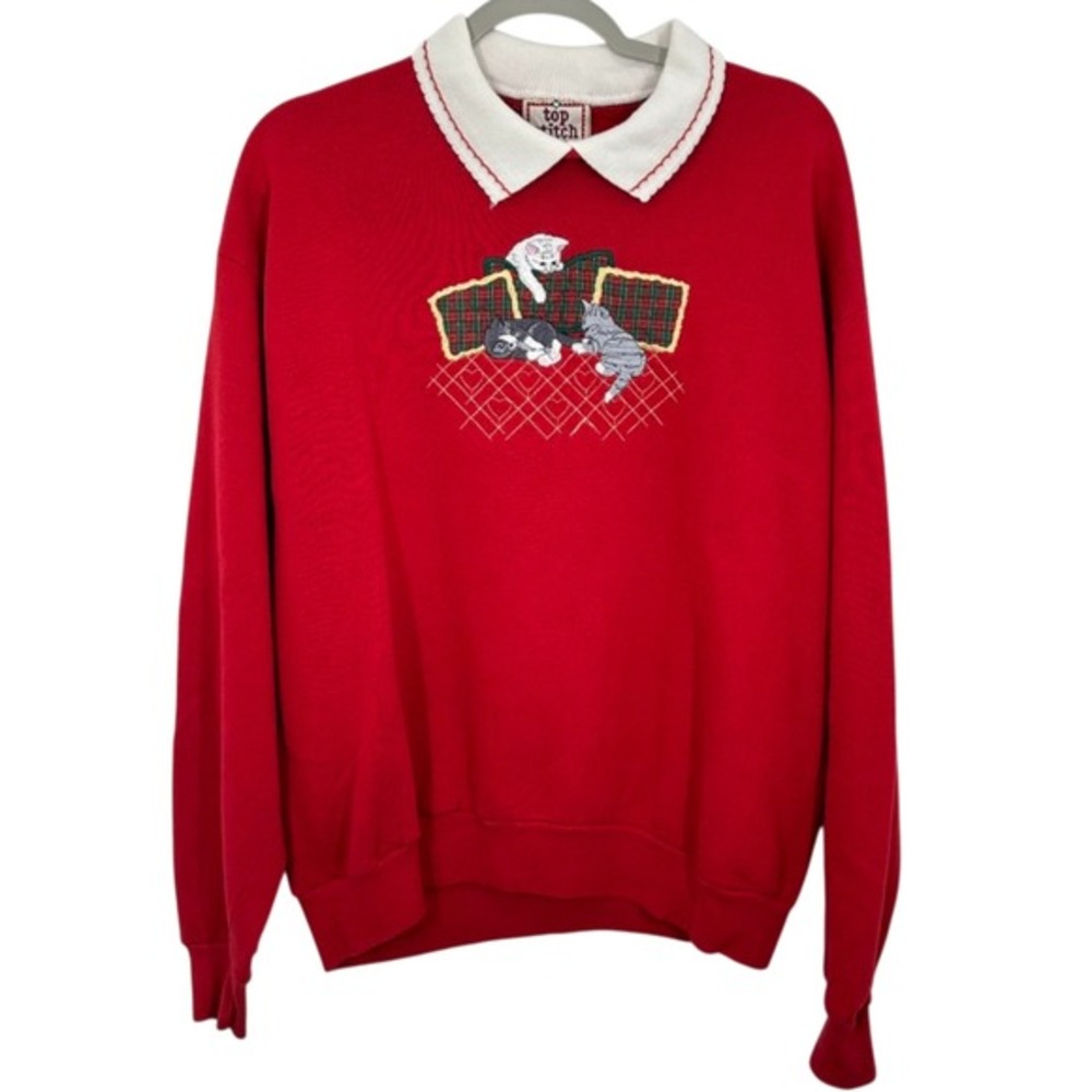 Top Stitch By Morning Sun Red Cat Embroidered Collared Sweatshirt Christmas